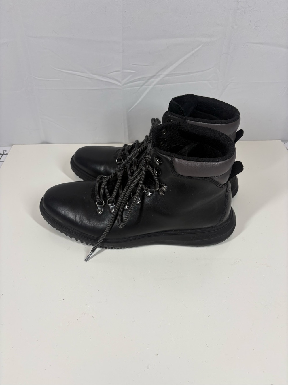 Cole Haan Black Leather Lace-Up Hiking-Inspired Ankle Boots with Gray Collar